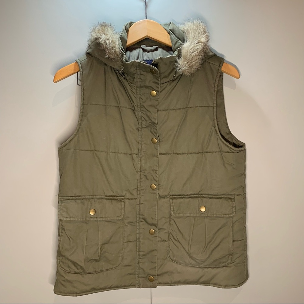 GAP Olive Green Hooded Vest with Faux Fur Trim